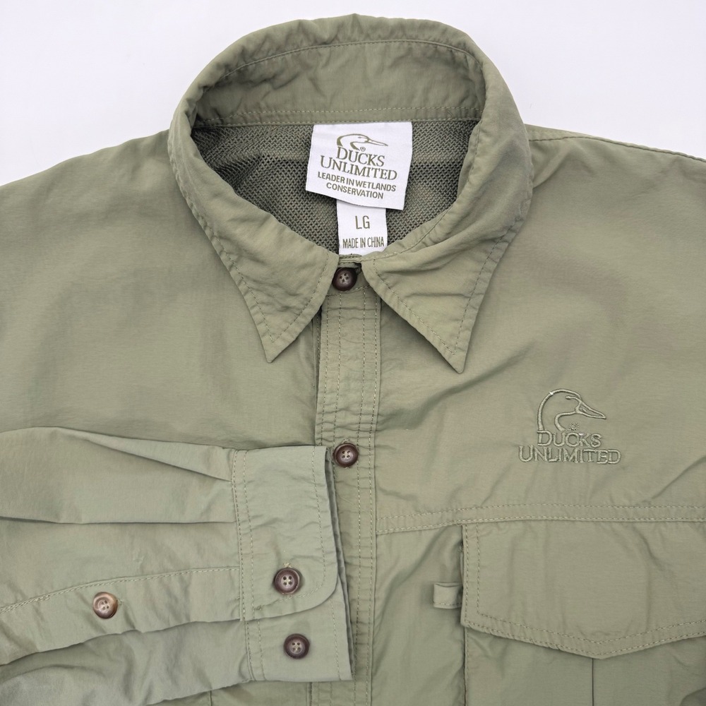 Ducks Unlimited Fishing Shirt Mens LG Green Long Sleeve Ventilated Utility Top
